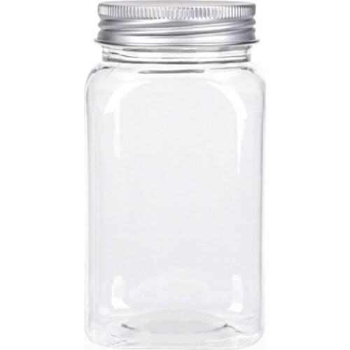 12PCS Condiment Jar Set,Transparent Plastic Bottle Food Packaging Bottle Airtight Metal Cap Empty Square Spice Container