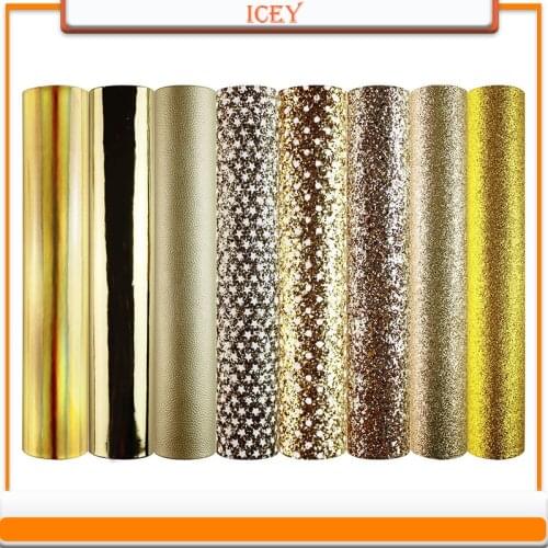 8pcs 20*30cm Golden Leather Set Sequin Fine Powder Laser Litchi Pattern Material Diy Earrings Bag Tool Headband Leather