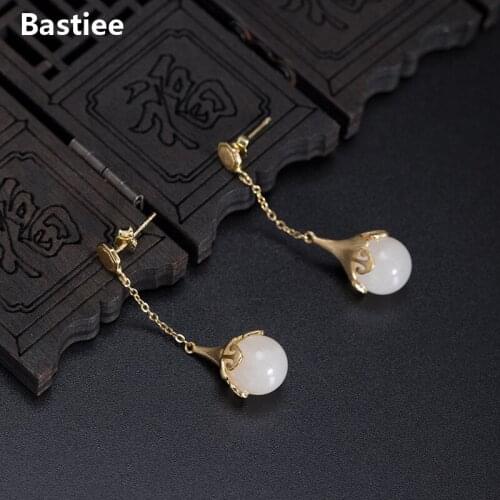 Bastiee Jade Beads Drop Earrings 925 Sterling Silver Jewelry For Women Gold Plated Earings Handmade Luxury Gifts