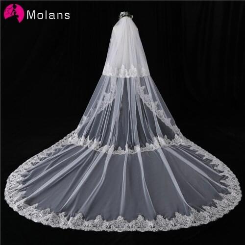 Molans 2020 New White Double Lace Bridal Veil 3.5 Meters Long Cathedral Wedding Soft Yarn With Metal Comb 0.8M Cover Face Props