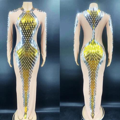 Sparkly Sequins Nude Long Sleeves Dresses Stretch Tight Women Fashion Dresses Floor-Length Celebrity Evening Party Costumes