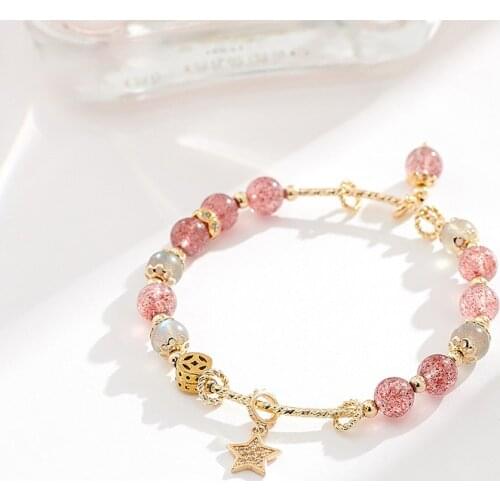 6mm Strawberry Quartz Gray Moonstone Beads Gold Plated Strand Bracelets for Women Female Star Shape Fashion Party Jewelry YBR256