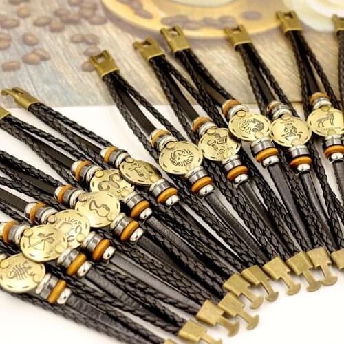 MixMax 24 Pieces Unique Mens Womens 12 Constellations Cuff Bracelets Metal Leather Wooden Beads Handmade Jewelry Wholesale
