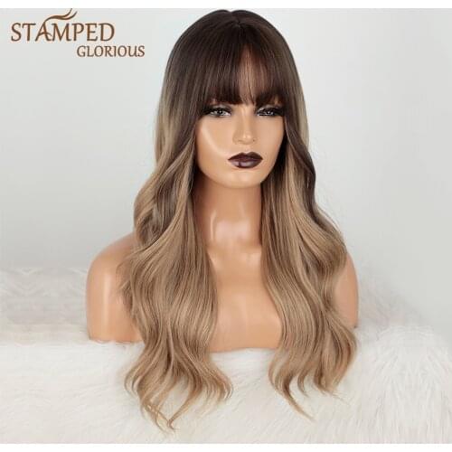 Stamped Glorious Synthetic Long Wave Wig for Black Women Heat Resistant Female Wig With Bangs Ombre Light Brown Blonde Wig