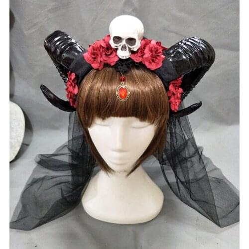 Horn Headband Gothic Lolita Devil Floral Horns Headpieces Halloween Skull Veil Headdress Cosplay Hair Accessories