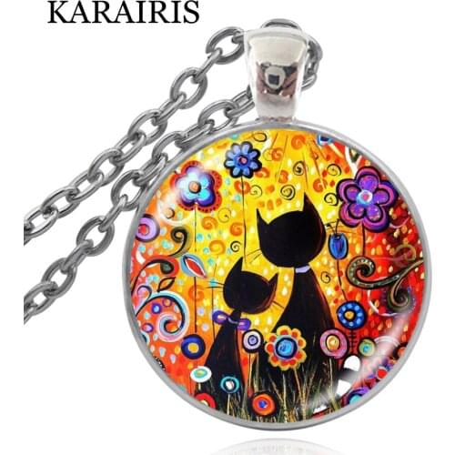 KARAIRIS New Colorful Cats Necklace Picture Painting Glass Pendant Vintage Long Chain Couples Cats Jewelry Necklaces For Lover