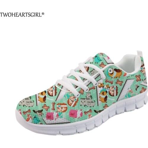 Twoheartsgirl Cute Cartoon Busy Vet Sneakers for Women Leisure Teen Girls Mesh Flats Breathable Lace Up Ladies Casual Shoes