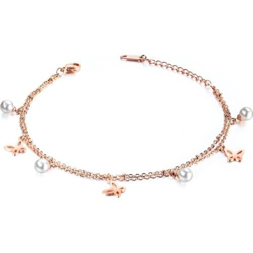 Fashion Imitation Pearl Butterfly Anklet Stainless Steel Jewelry For Woman Birthday Gift Not Fade Drop Shipping