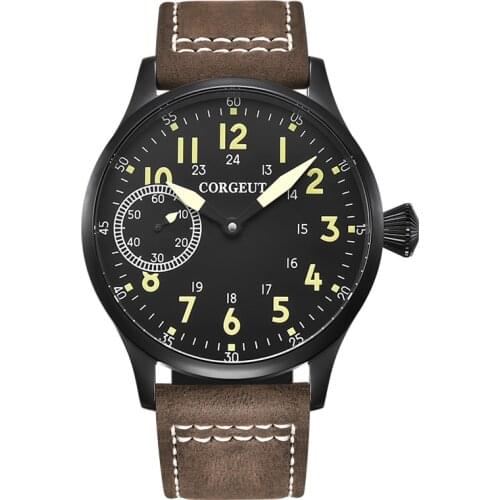 CORGEUT Brand Red Digital Mechanical Automatic Mens Watch Silver Case Brown Strap Mens Waterproof Self-winding Pilots Watch