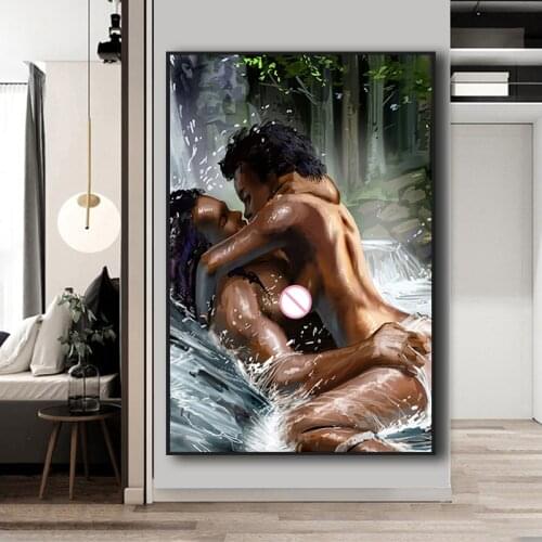 Kissing Lovers Canvas Art Oil Painting Naked Black Couple Poster and Prints Scandinavian Wall Art Modern Home Decorative Picture