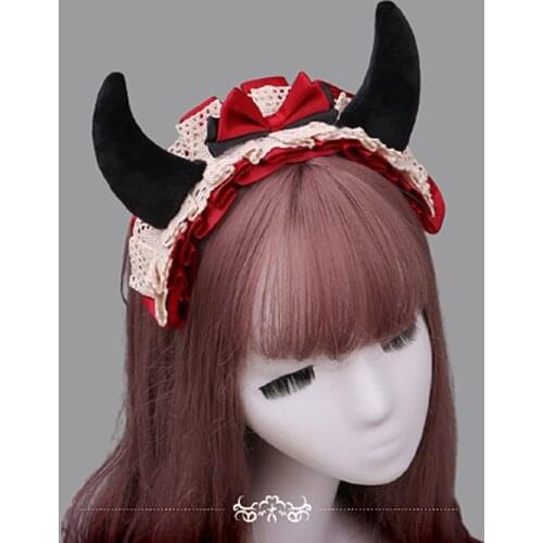 Gothic Lolita Hairband Cute Devil Horns Ears Headband Maid Lace Bow Bell Headbands Hair Hoop Anime Cosplay Girl Hair Accessories