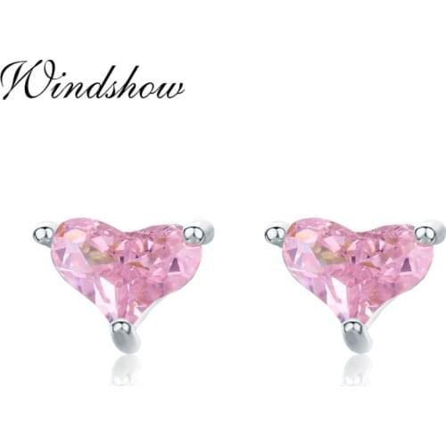 Cute 925 Sterling Silver Small Peach Love Heart Pink CZ Stud Earrings For Women Girls Kids Jewelry Aros Arete Orecchini Kolczyki