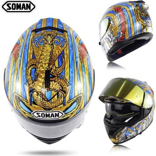 SOMAN Double Visors Motorcycle Helmet With Golden Visor Full Face Helmet Capacete Moto Bike Casco DOT ECE Approve Street Helmet