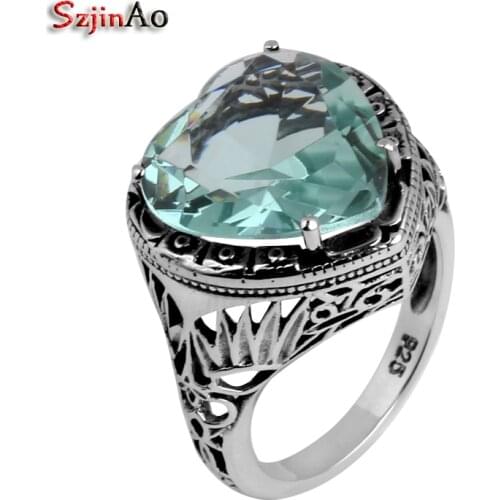 Szjinao Vintage 925 sterling silver jewelry wholesale carving heart-shaped aquamarine silver women Flower Pattern