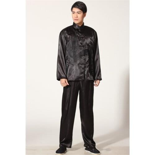 Traditional Chinese Clothing for Man Oriental Satin Tang Suit Embroidery Retro Tai Chi Kung Fu Uniforms Long Sleeve Coat Pants