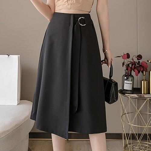 Korean Spring Summer 2021 Midi Skirts Womens A-Line Irregular Sexy Slit Skirt Elegant Women High Waist Knee-Length Bottoms Black