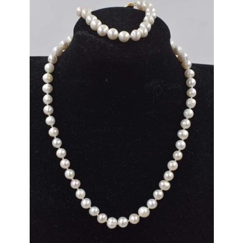 Wow! one set freshwater pearl near round white 8-9mm necklace bracelet 17" 7.5" nature FPPJ wholesale beads