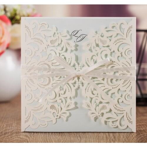 WISHMADE Elegant Wedding Invitations with White Light Blue Inner Pages Ribbon Lovely Floral Laser Cut Engagement Cards AW7015
