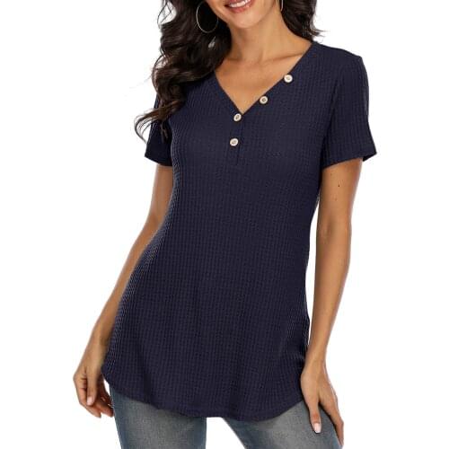 2021 Women Summer T-shirt Waffle Tops Fashion Sexy V-Neck Solid Tee Tops New Female Casual T-shirts Mujer Chic Tops