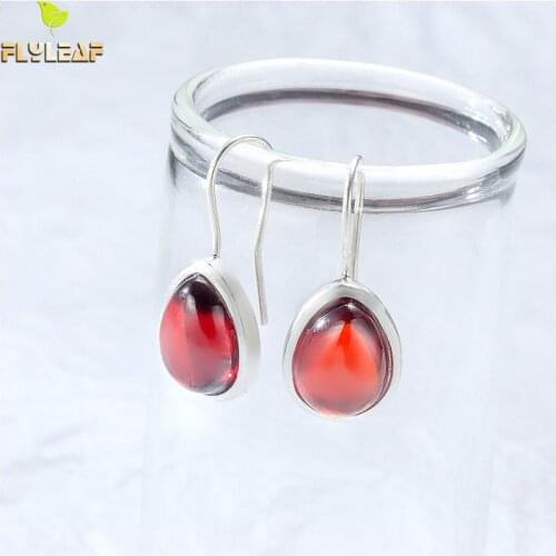 Flyleaf 925 Sterling Silver Water Droplets Drop Earring For Women Simple Nature Red Garnet Stone Earings Fashion Jewelry Party