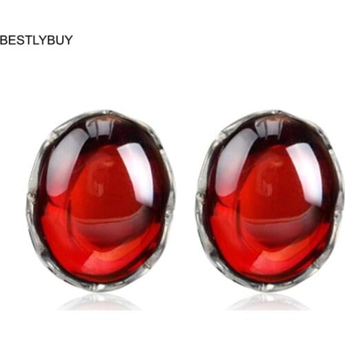 BESTLYBUY 100% Real 925 Sterling Silver Garnets Earrings Retro Vintage Red corundum Stud Earrings for Women High Quality aretes