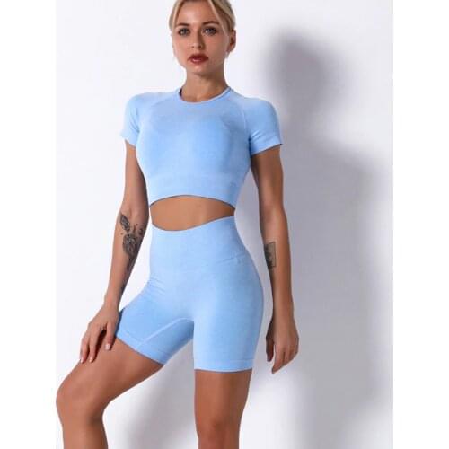 2 Pcs Women Yoga Set Gym Short Sleeve Crop Top+Seamless Shorts Push Up Pants Exercise Workout Running Suit Athletic Sportswear