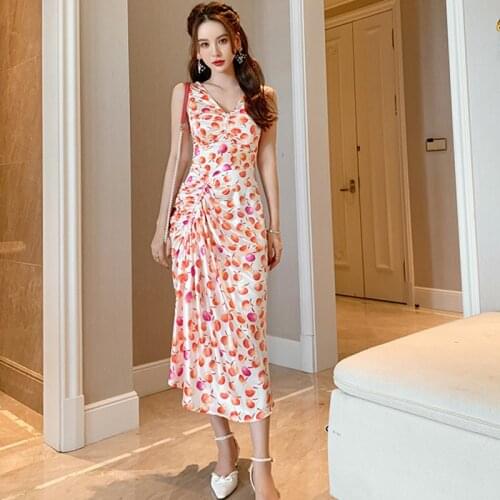 Fashion Summer Korean Vintage V-Neck Sleeveless Satin Midi Party Dress Ladies Coffee Break Elegant Print Drawstring Folds Dress