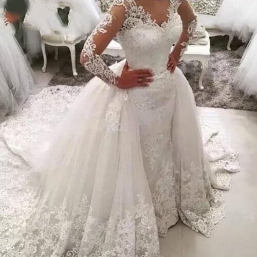 Vestido De Noiva Lace Mermaid Wedding Dress with Detachable Skirt Backless Long Sleeve Saudi Arabia Bridal Wedding Gowns Dubai