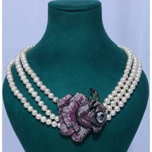 3 Rows European and American style pink black rose freshwater pearl adjustable neck chain Necklace