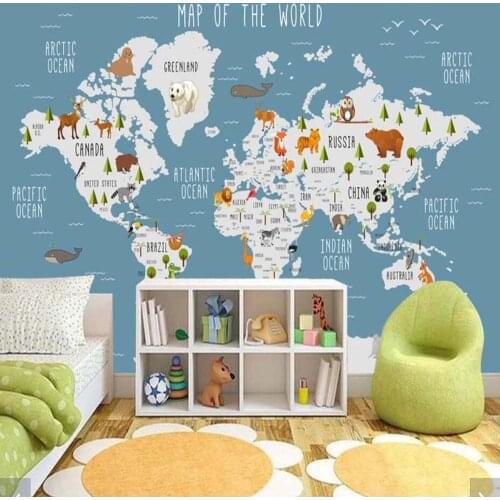 3D Carton Animal World Map Wallpaper Mural for Kids Room Children Bedroom Vintage Wall Papers Home Decor Wall Papers Home Decor