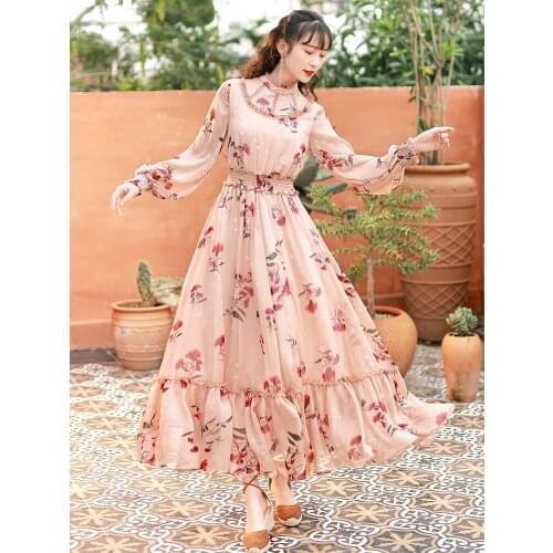Free Shipping Boshow 2021 New Bohemian Women Long Maxi Long Sleeve Spring S-L Ruffles Chiffon Big Hem Flower Print Dresses