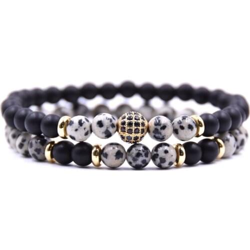 8mm 2pcs Picture Stone Bracelet For Couples Copper Zircon Black White Speckled Stone Weathered Granite Essential Oil Bracelet