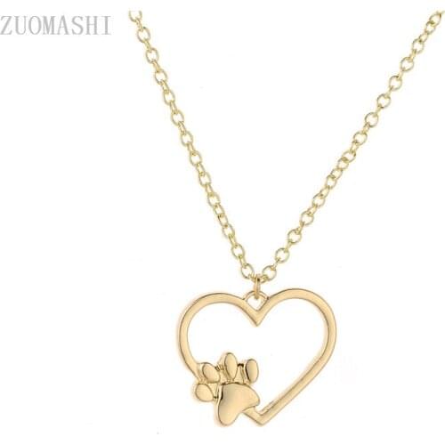 Simple Dog Paw Print Heart Shape Pendant Necklace Hollow Animal Pet Memorial Jewerly Charm Woman Style Lover Gift Girl Keepsake