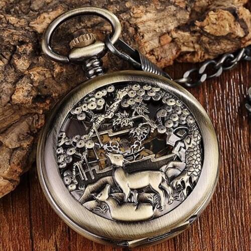 Bronze Deer Flowers Case Mechanical Pocket Watch Men Retro Big Dial Hand Wind Watch Skeleton Steampunk Reloj de bolsillo Cadena