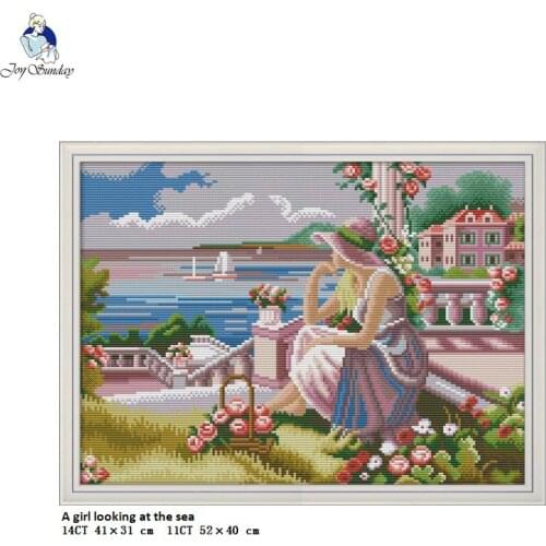 Joy Sunday A Girl looking at the Sea, Cross-stitch Kits DMC Cotton thread, 11CT and 14CT Embroidery Wholesale DIY Hand Crafts