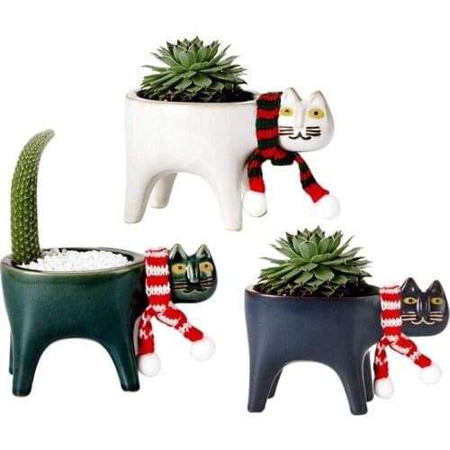Cartoon Cat Ceramic Plant Planting Flower Pot with Drainage Desktop Decoration Succulent Pots Cactus Planter Permeable Type