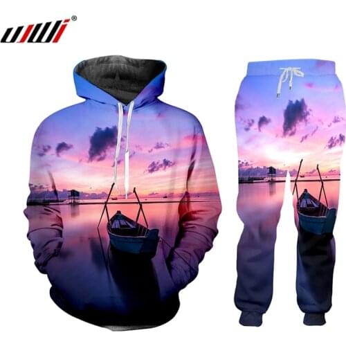 UJWI Men/Women 2 Pcs Sportsuit Sets Long Sleeve 3d beautiful scenery Print Hoodies+Pants Set Unisex Zipper Tracksuit Custom