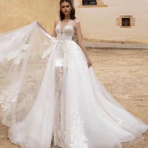 High Low Lace Bride Dress Elegant V Neck A-line Boho Wedding Dresses Summer Dress Holiday Beach Vestido De Noiva