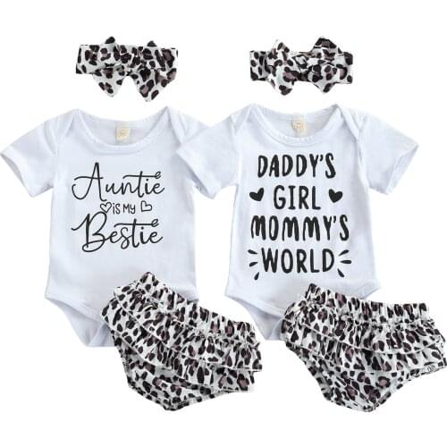 Citgeett Summer Infant Baby Girls 3Pcs Outfits Short Sleeve Letter Print Romper + Leopard Bloomers Shorts+ Headband Set