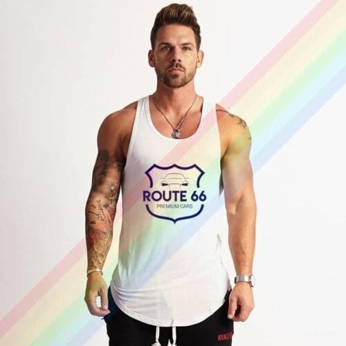 Route 66 Premium Cars Bule Logo Brand Gym Clothing Bodybuilding Cotton Tank Tops For Men Summer Singlet Sleeveless Plus Size