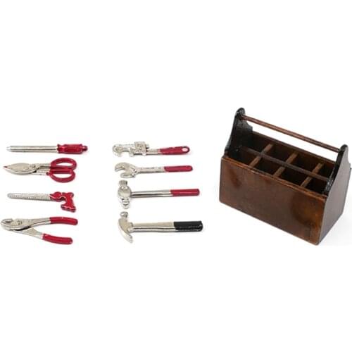 Miniature Wooden Box With Metal Tool Set Collection For 1/12 Dollhouse Decoration