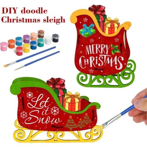 DIY Christmas Sleigh Decoration Kit with Paints Brushes Wooden Art Craft for Kid 667A