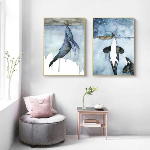 Orca Watercolor Whale Seascape Posters and Prints Canvas Painting Wall Art Picture for Living Room Home Decor Cuadros