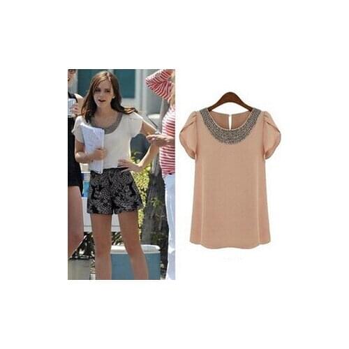 New Summer fashion women Loose Big size chiffon casual vintage Blouses/Beading O-neck Pullover summer costume shirts