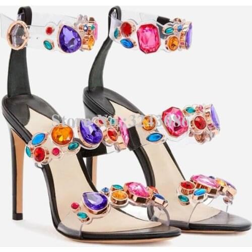 New PVC Colorful Crystal Lady Sandals Fashion Design Stiletto Heel Rhinestone Women Dress Sandals Sexy Female Banquet Shoes