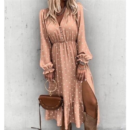 New Female Temperament V-neck Long-sleeved Chiffon Dress Elegant Dot Print Spring and Autumn Casual Womens Long Dresses Robe
