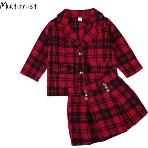 2-6Y Toddler Girl Clothes Fashion Plaid Lapel Long Sleeve Jacket+ A-line Pleated Short Skirt 2pcs Autumn Christams Clothes