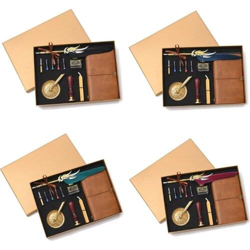 Retro Vintage Calligraphy Feather Fountain Pen Writing Ink Leather Notebook Set