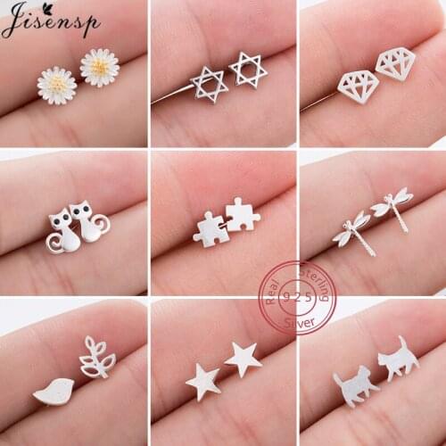 Real 925 Sterling Silver Animal Earrings for Women Cute Cat Dragonfly Birds Dog Stud Earring Kids Christmas Best Gift Anti-aller