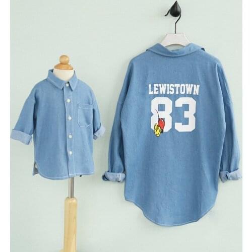 Family Look T-shirt Letter Number Print Denim Shirt Family Matching Clothing Mother Daughter Clothes Hot Sale Family Clothes